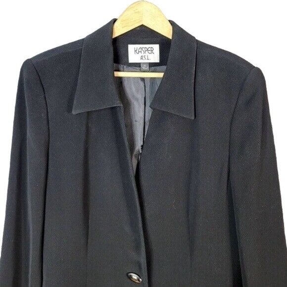 Kasper ASL Blazer Jacket Black Plus Size 16 Lined Long Sleeve One Button Vintage - Picture 2 of 9